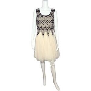 Ryu Black and Cream Beaded Tulle Midi Dress